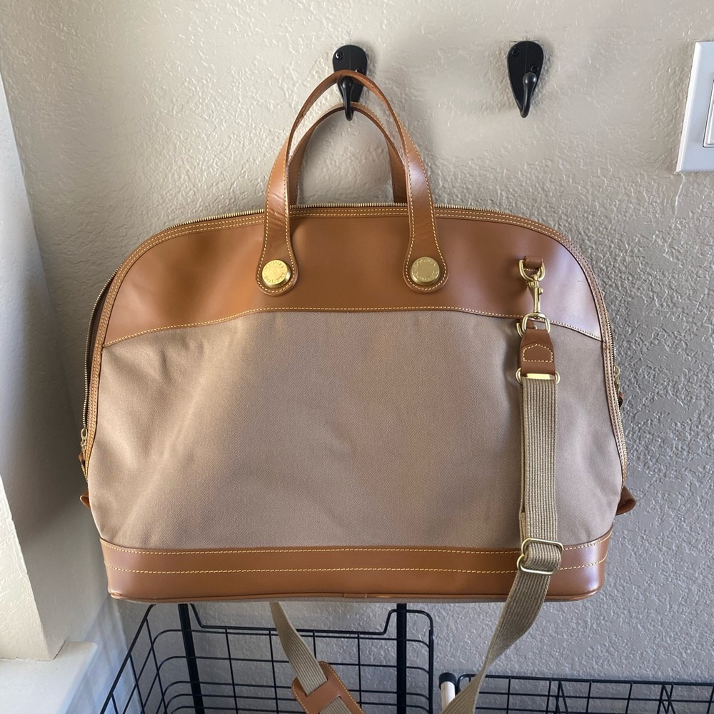 Tan and Brown Travel Bag with Leather Accents